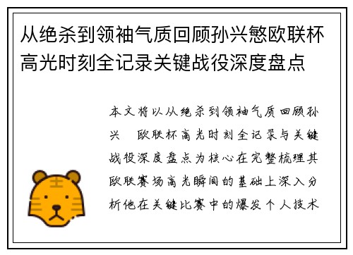 从绝杀到领袖气质回顾孙兴慜欧联杯高光时刻全记录关键战役深度盘点